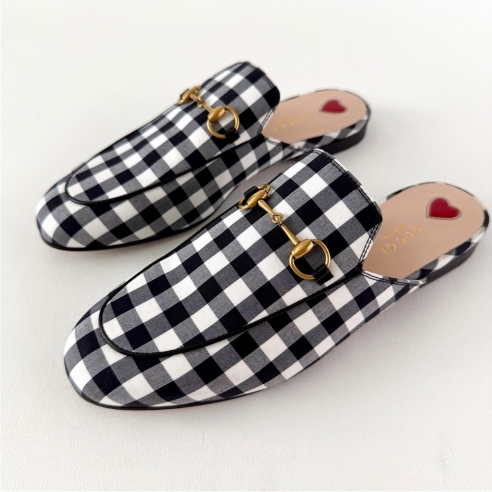 Gucci ‘Princetown’ Black & White Gingham Mules, Size 38 EU (8 US) 🖤🤍❤️